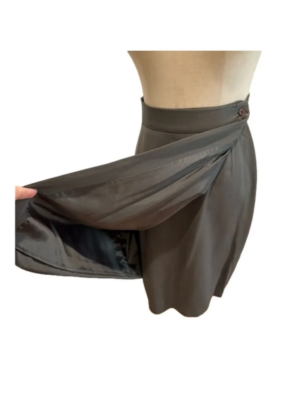 80s JOAN & DAVID ITALIAN FAUX WRAP PENCIL SKIRT CHARCOAL GRAY DRAPED PLEATS